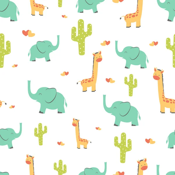 Modello Con Giraffe Dei Cartoni Animati Elefanti Cactus Cuori Bianco — Vettoriale Stock