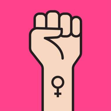 Kadın el ile onu yumruk kaldırdı. Kadın feminizm protesto. Vektör çizim