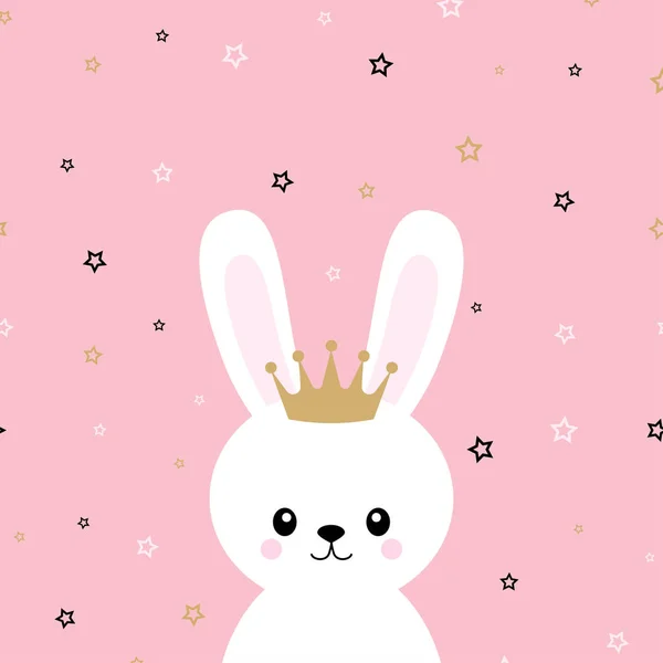Милый Кролик Короной Розовом Фоне Звездами Простой Дизайн Кроличьей Принцессой — стоковый вектор