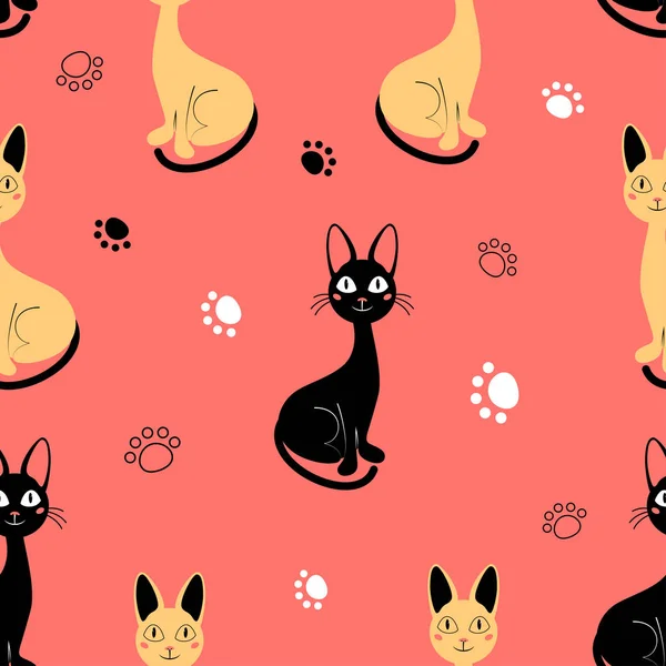 Seamless Pattern Cute Cartoon Cats Pink Background Animals Tracks Wallpapers — Stock Vector