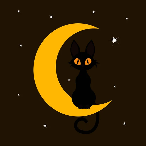 Gato Negro Luna Contra Fondo Del Cielo Estrellado Imagen Simple — Vector de stock