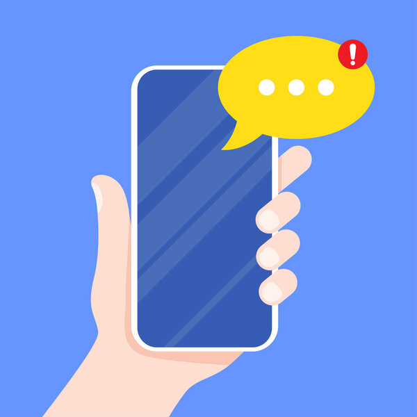 Mobile messenger app for texting messages. Hand holding smartphone with new message on screen. Chat, sms, tweet, instant messaging, mobile messenger concepts. vector illustration