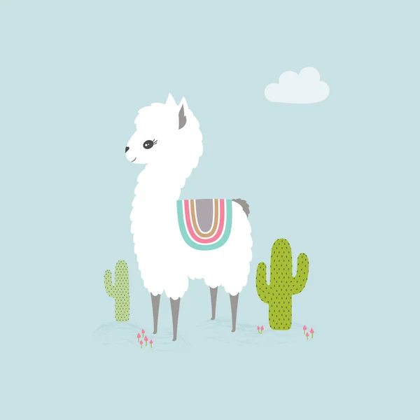 Cute Cartoon Llama Background Cacti Flowers Sky Simple Picture Llama — Stock Vector