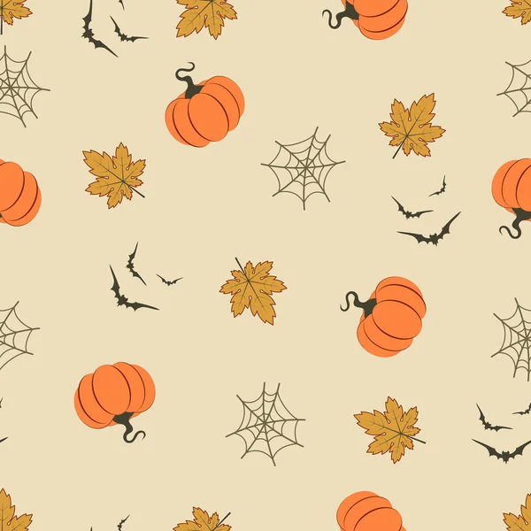 Fröhliche Halloween Muster Mit Kürbis Fledermaus Netz Und Blättern Monster — Stockvektor