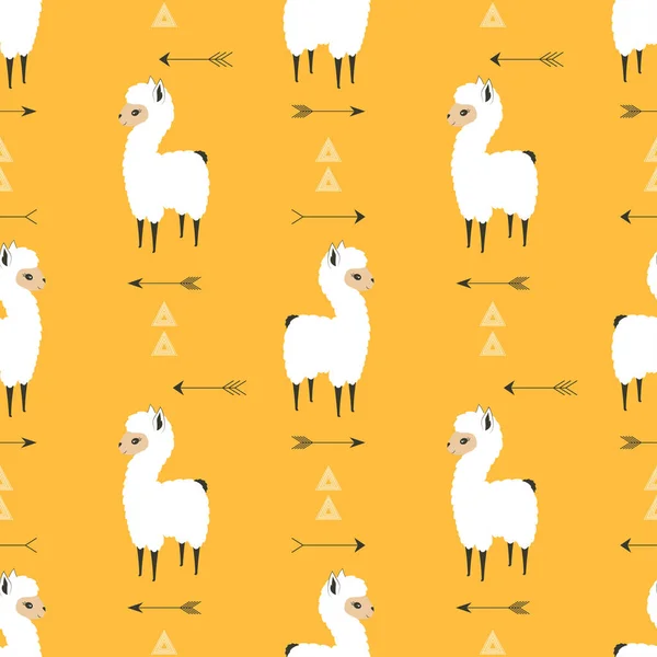 Patrón Sin Costuras Con Llama Encantadora Sobre Fondo Amarillo Animal — Vector de stock