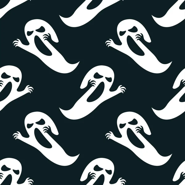 Halloween Sem Costura Padrão Fantasmas Brancos Fundo Preto Ilustração Vetorial — Vetor de Stock