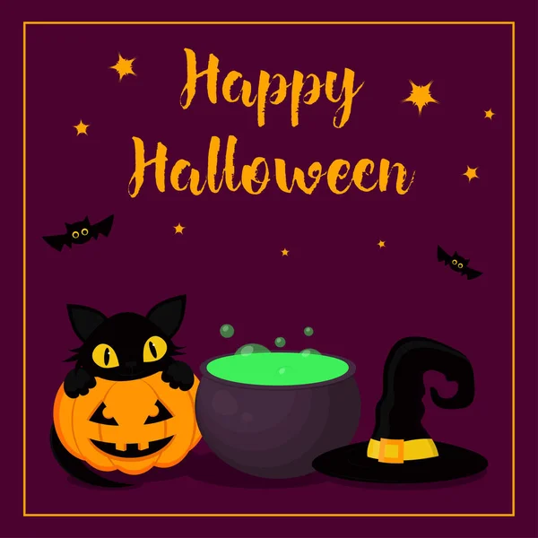 simple banner for the holiday of halloween with pumpkin, black cat, bats, magic hat, stars and inscription