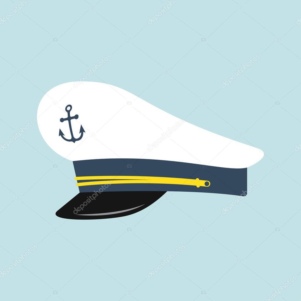 Captain hat with anchor emblem. Sailor cap. Vector illustration isolated on a blue background