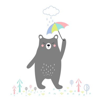 Resimde komik ayı ve şemsiye, bulut ve yağmur ile herhangi bir tasarım için basit arka plan damla