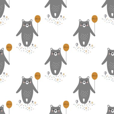 sevimli ayı ve balon, ayı ve şenlikli ruh hali, komik ayı ile basit tasarımı ile karikatür tarzı ile Seamless modeli