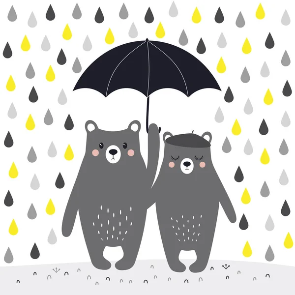 Two Cute Lovers Bears Umbrella Banner Rain Funny Animals Umbrella — Stock Vector