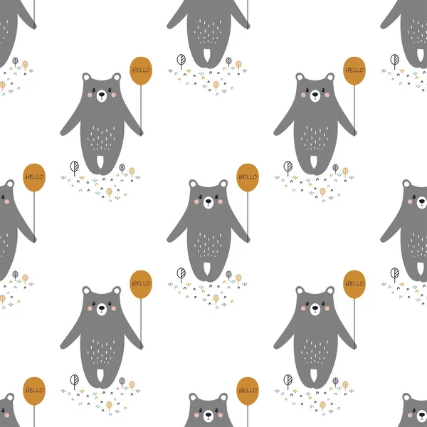 seamless pattern with cute bear and balloon, cartoon style with bear and festive mood, simple design with funny bear