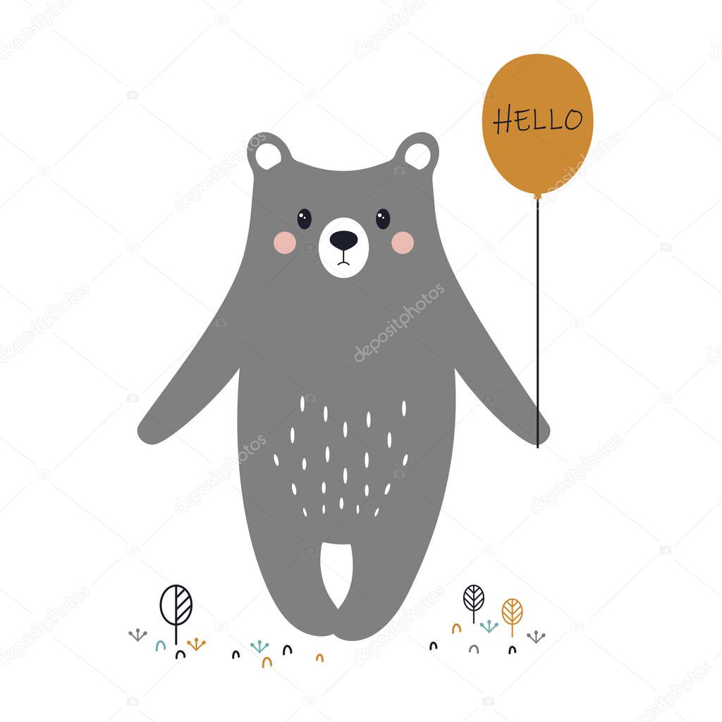 card with cute bear and balloon, welcoming banner, simple design with funny bear