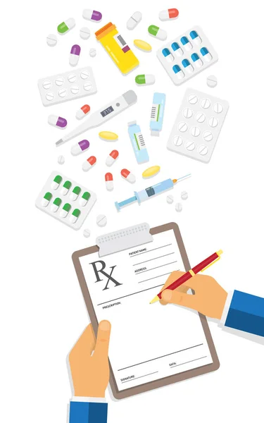 Doctor Escribiendo Notas Bloc Recetas Formulario Prescripción Médica Vacía Salud — Archivo Imágenes Vectoriales