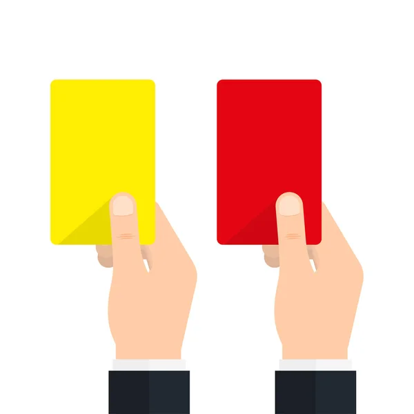 赤と黄色のカードを使ってサッカー審判手 サッカーの赤と黄色のカード ベクトル図 — ストックベクタ