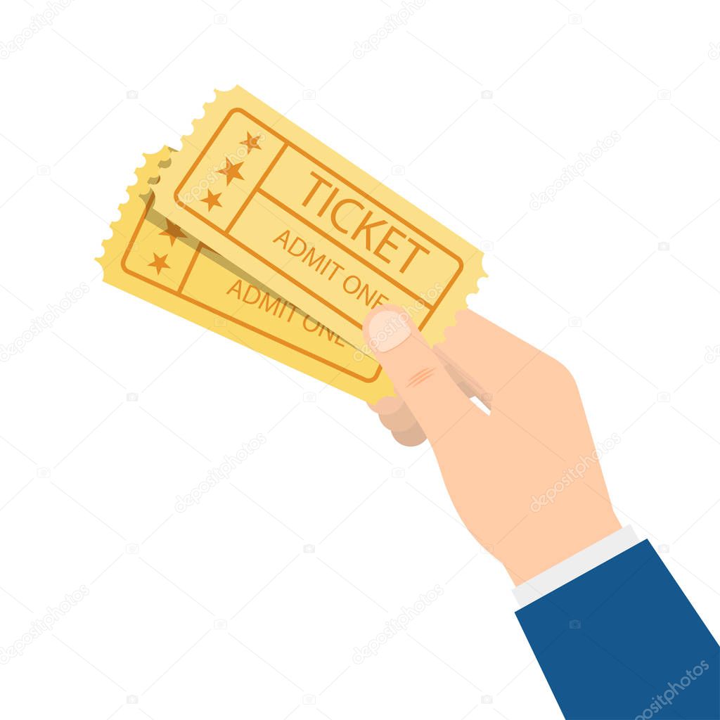 Hand holding two tickets. Cinema tickets. Vector illustration