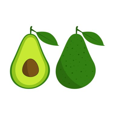 Avokado meyve simgesi. Beyaz arka plan üzerinde izole bütün ve kesme avokado. Vektör çizim