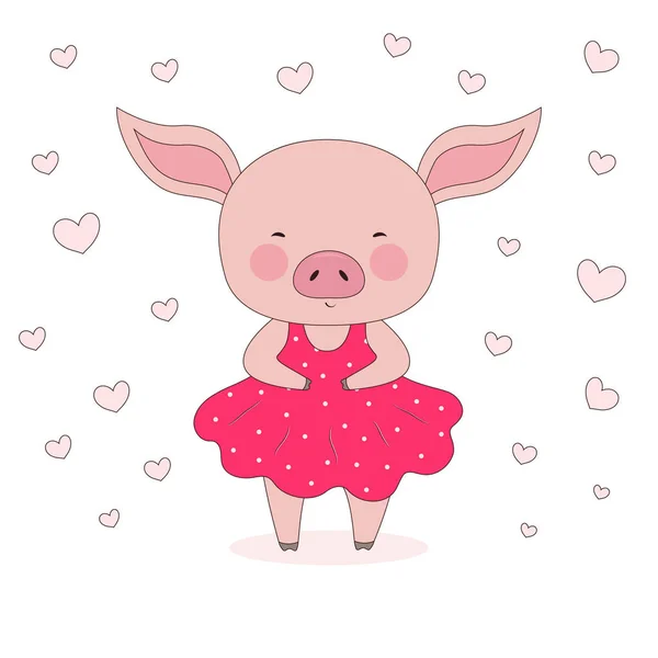 例证逗人喜爱的有趣的小猪女孩在礼服 概念儿童打印 生日贺卡与可爱的公主猪 — 图库矢量图片