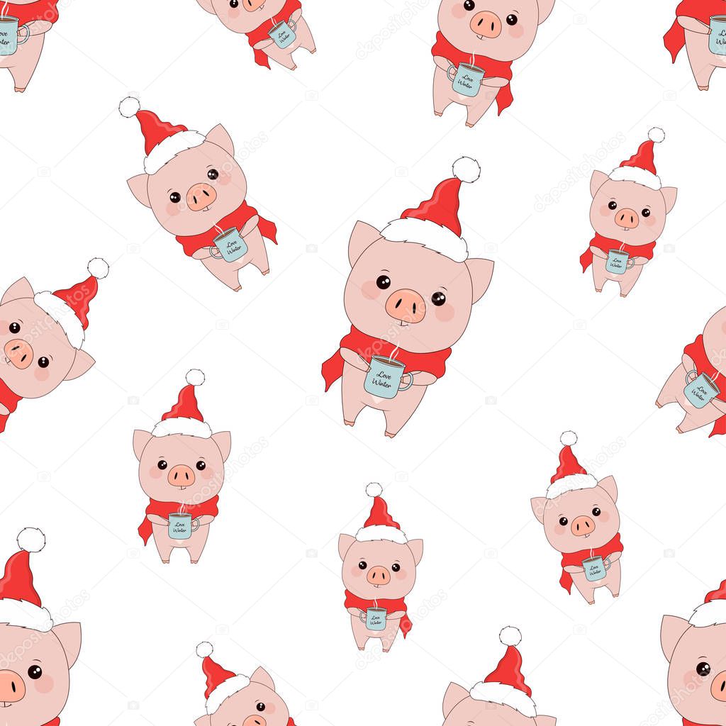 background with funny pig in Santa hat and scarf with cup of coffee, animal cartoon character, cute pig in red winter costume for Christmas seamless pattern