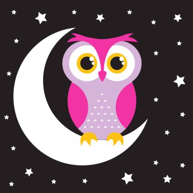 ay yıldız, ay, yıldız ve sevimli baykuş ile iyi geceler kartı üzerinde çizgi film baykuş