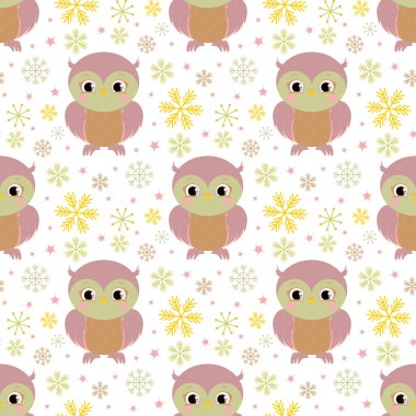 Baykuşlar ve kar taneleri, kış duvar kağıtları, ile Seamless modeli arka plan kuşlar