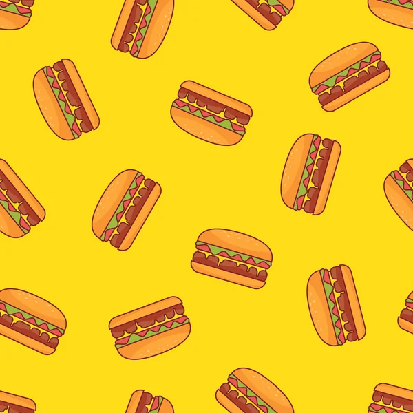 Безшовний Візерунок Гамбургерами Ізольовано Жовтому Тлі Векторні Ілюстрації — стоковий вектор