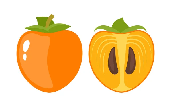 Persimmon Fruits Entiers Demi Illustration Vectorielle Isolée Sur Fond Blanc — Image vectorielle