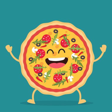 Mutlu pizza. Fast Food. Vektör çizim karikatür tarzı