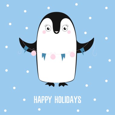 sevimli çizgi penguen ve yılbaşı ağacı süsleri, metin mutlu tatiller, kış arka plan, tatil kartı üzerinde sevimli hayvan ile kış kartpostal