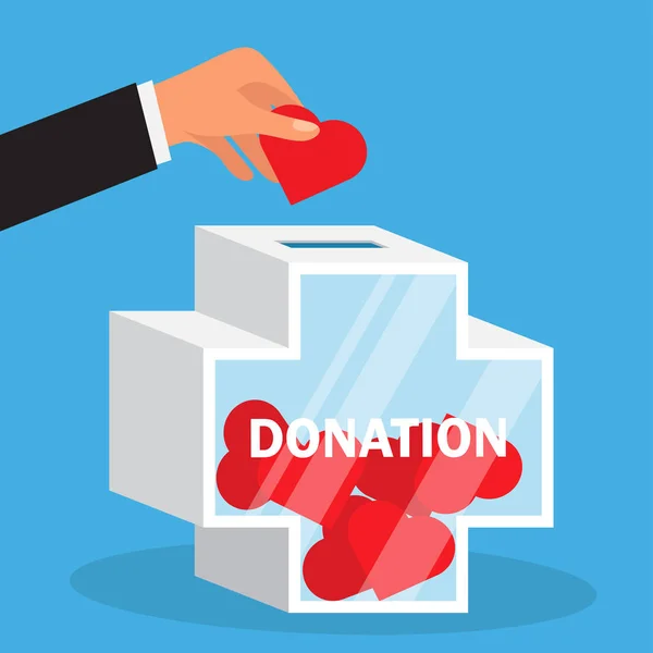 Donationen Box Begreppet Omsorg Och Kärlek Hand Kastar Hjärtat Donation — Stock vektor