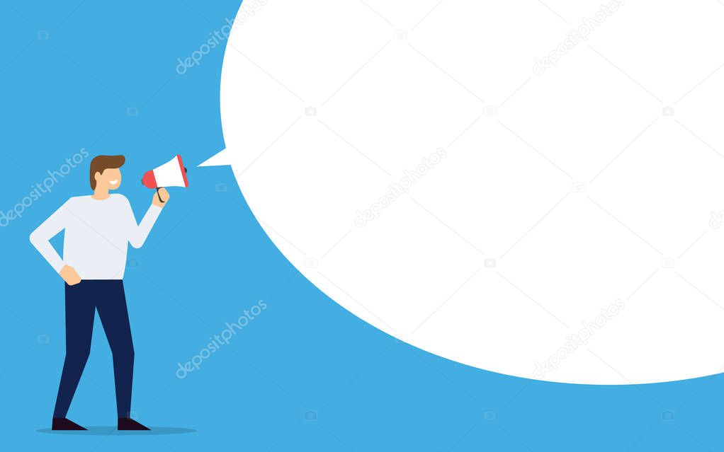 Businessman with loudspeaker and blank speech bubble. Man with megaphone. Vector illustration.
