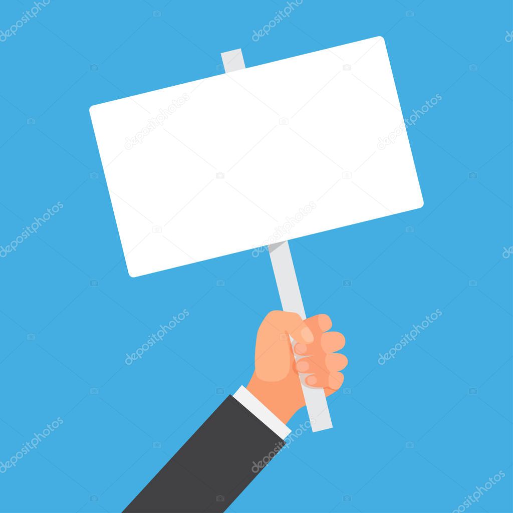 Hand holding blank placard. Empty space for text. Poster empty, protest announcement board. Vector illustration