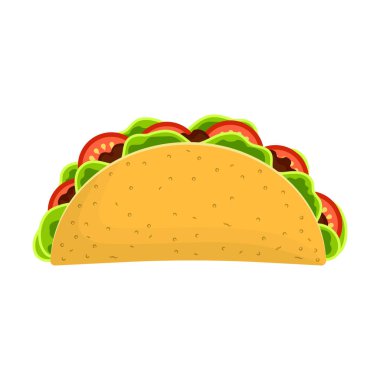 sevimli çizgi Meksika tacos karakter izole sarı beyaz, lezzetli fastfood tacos sığır eti ve tavuk, yeşil salata ve kafe partisi, Restoran sezon teklif tasarımı için kırmızı domates üzerinde