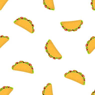 sevimli çizgi Meksika lokanta karakterlerle beyaz, lezzetli fastfood sığır eti ve tavuk, yeşil salata ve kafe partisi, Restoran sezon teklif tasarımı için kırmızı domates izole seamless modeli