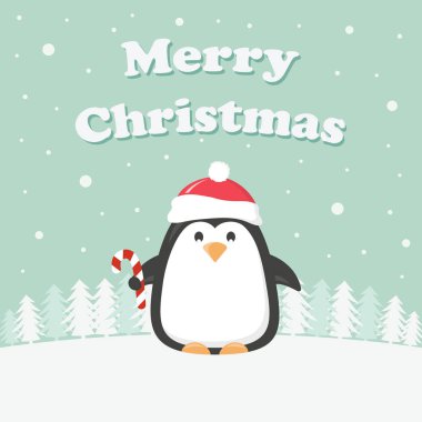 komik karikatür penguen kış arka planda, kar, ağaçlar ve kış tatil arka plan üzerinde kırmızı şapkalı komik hayvan