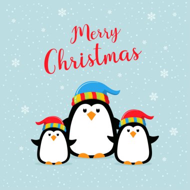 komik karikatür penguenler kış arka planda, kar, kar taneleri ve kış tatil arka plan üzerinde çok renkli şapkalar komik hayvan