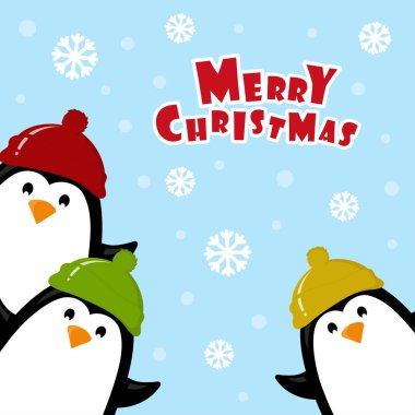 komik karikatür penguenler kış arka planda, kar, kar taneleri ve kış tatil arka plan üzerinde çok renkli şapkalar komik hayvan