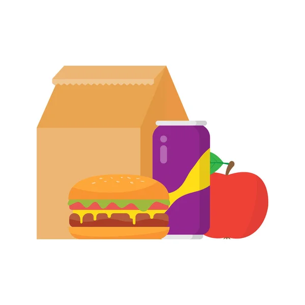 Okul Için Beslenme Çantası Öğle Yemeği Hamburger Meyve Içecek Beyaz — Stok Vektör