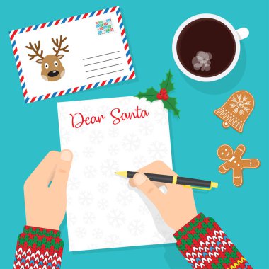 Sevgili Noel Baba. Eli kalem ile. Noel Baba'ya mektup yazma. Metin için yer. Vektör çizim