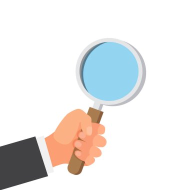 Büyüteç Camı tutan el. Analiz, zoom. Mavi arka plan üzerinde vektör çizim