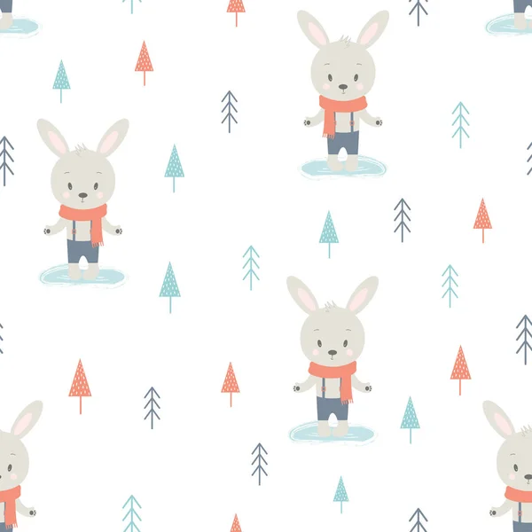 子供のためのベクトル壁紙冬背景にスカーフでかわいいウサギのシームレス パターン — ストックベクタ