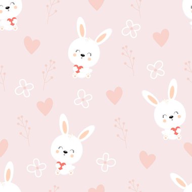 sevimli beyaz tavşanlar çiçek öğeleri, Paskalya mor zemin üzerine Dikişsiz desen duvar kağıdı tasarımı ile yabani tavşan