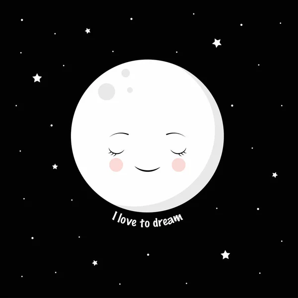 Felice Luna Cartoon Carino Nel Cielo Notturno Con Stelle Iscrizione — Vettoriale Stock