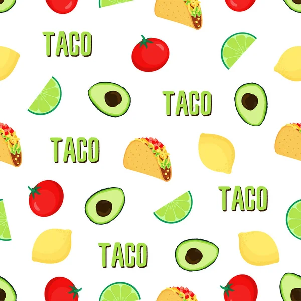 Vektornahtloses Muster Mit Tacos Tomaten Avocado Limette Und Zitrone Mexikanisches — Stockvektor