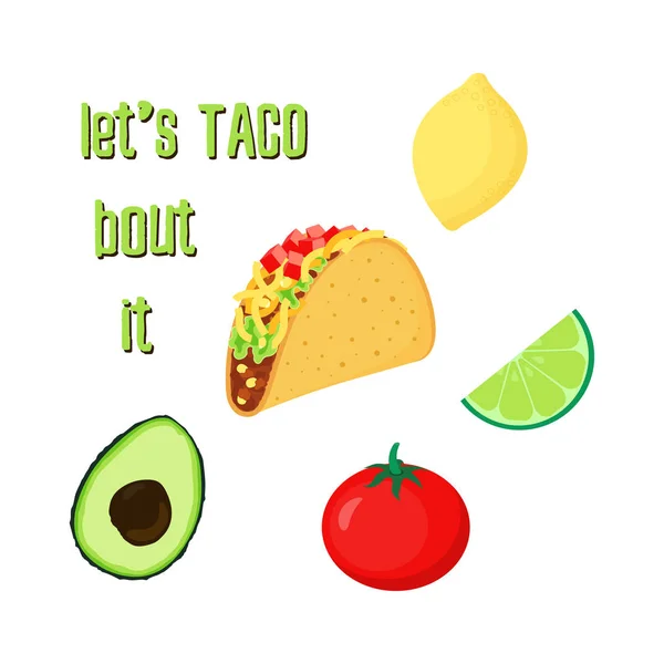 Ilustrasi Dengan Taco Tomat Alpukat Kapur Dan Lemon Makanan Meksiko - Stok Vektor