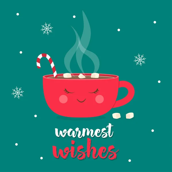Carte Voeux Noël Avec Tasse Décorée Guimauve Canne Bonbons Isolé — Image vectorielle