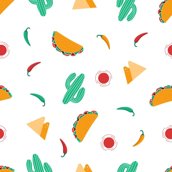 seamless vector wallpaper in modern flat design style, mexican food seamless pattern, tacos, peppers, cactus, mountain, sun