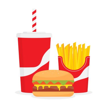 Fast food menü. Cola, hamburger ve patates kızartması ile öğle yemeği. Vektör çizim