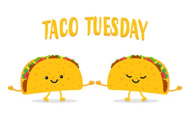 Taco Salı. İki komik Taco. Taco Meksika yemeği. Vektör çizim