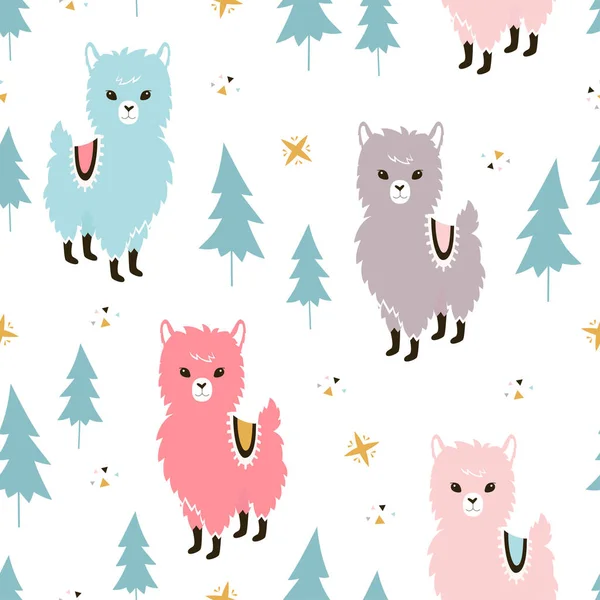 Vánoční Lamy Bezešvé Pattern Zimní Dovolená Pozdrav Card Pozadí Roztomilý — Stockový vektor